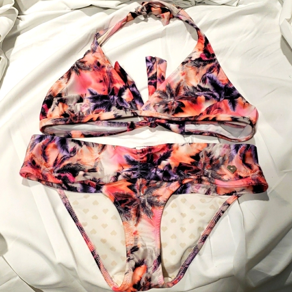 St. Even Sunset Palm Print Halter Bikini Top Size 34 w/Ruched Front Bottom SZ M